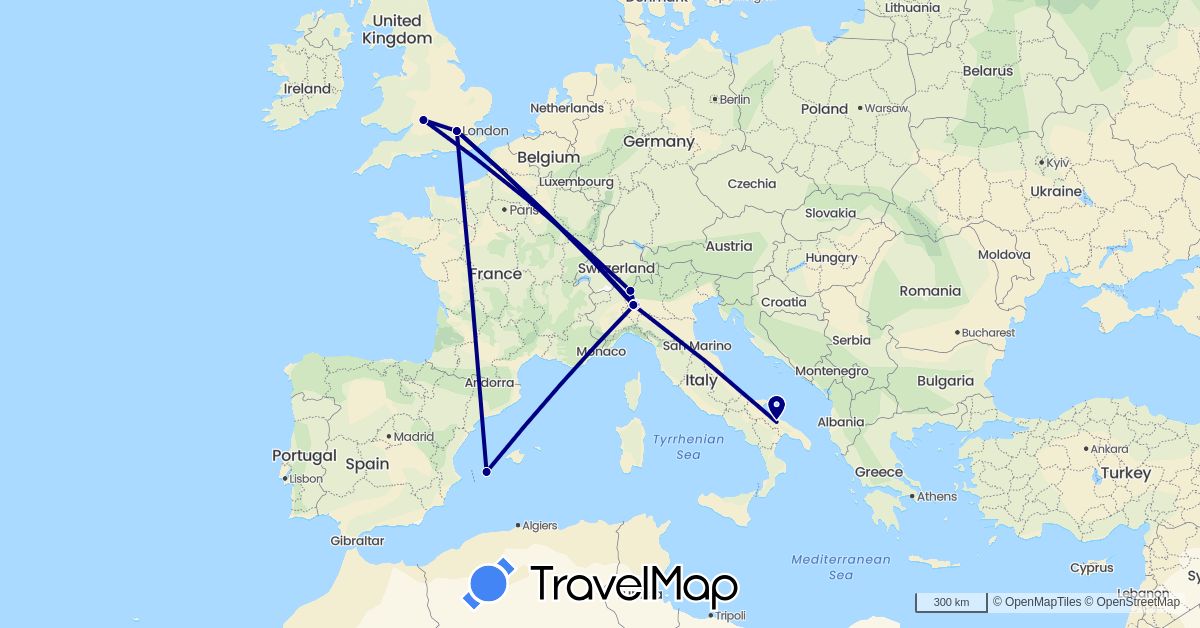 TravelMap itinerary: driving in Switzerland, Spain, United Kingdom, Italy (Europe)